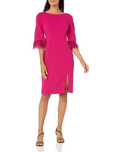Adrianna Papell Feather Trimmed Crepe Sheath - Pink