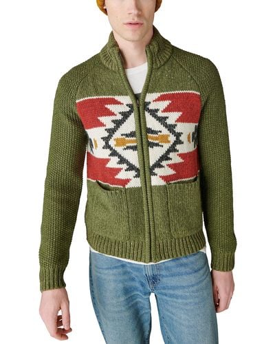 Lucky Brand Southwestern Print Full Zip Bomber Sweater - Green
