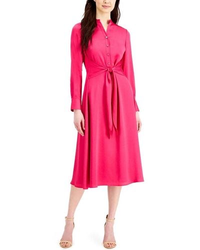 Anne Klein Long Sleeve Shirt Dress With Tie Waist - Pink
