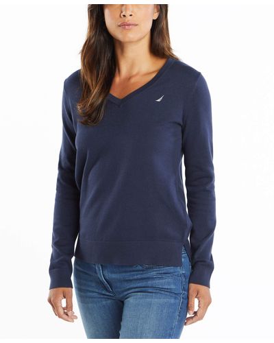 Nautica Womens Effortless J-class Long Sleeve 100% Cotton V-neck Sweater - Blue