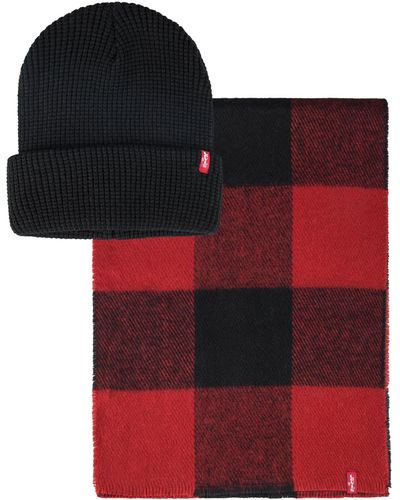 Levi's Waffle Beanie And Plaid Scarf Set - Red