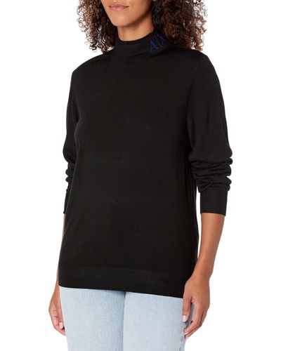 Emporio Armani Armani Exchange Merino Wool Blend Logo Neck Turtleneck Sweater - Black