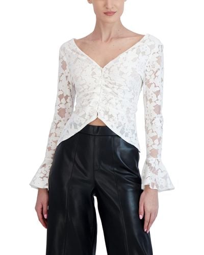 BCBGMAXAZRIA Fitted Lace Top Long Sleeve Bell Cuff Ruched Bodice Shirt - White