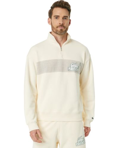 Lacoste Loose Fit High-neck Quarter Zip Sweatshirt With Front Tennis Net Graphic - White