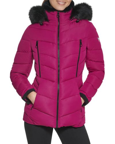 Guess Cold Weather Hooded Puffer Coat - Purple