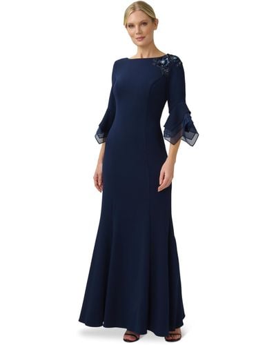 Adrianna Papell Stretch Knit Crepe Gown With Ribbon Beaded Shoulder Detail Organza Bell Sleeve - Blue