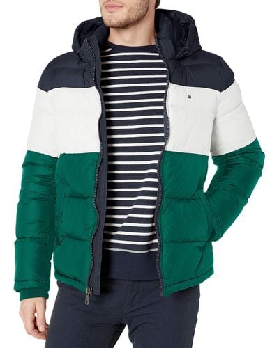 Tommy Hilfiger Mens Classic Hooded Puffer Jacket Down Alternative Coat - Green