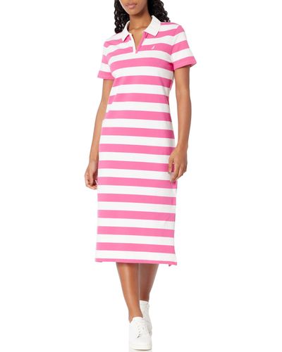 Nautica Johnny Collar Short Sleeve Stripe Dress - Pink