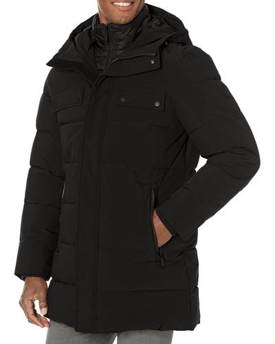 Vince Camuto Mens Long Parka Winter Jacket With Hood And Pocket Detail Faux Fur Coat - Black