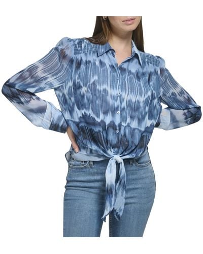 Calvin Klein Trendy Knot Button Front Longsleeve Printed Blouse - Blue
