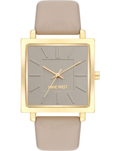 Nine West Quartz Square Taupe Faux Leather Band Watch - Natural