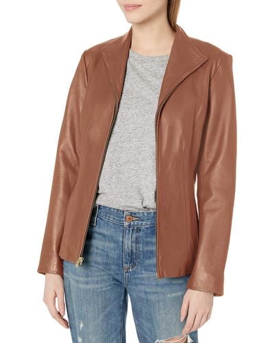 Cole Haan Womens Wing Collared Leather Jacket - Brown