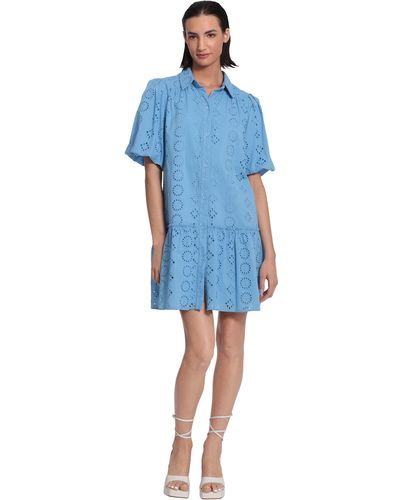 Donna Morgan Button Down Shirt Dress With Ruffle Hem - Blue