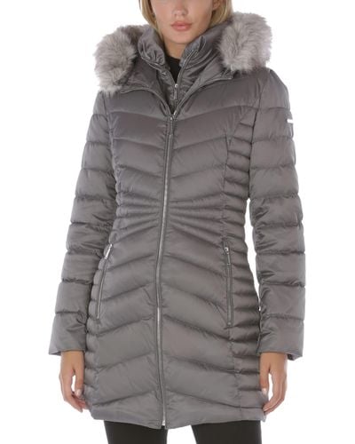 Laundry by Shelli Segal 3/4 Puffer Jacket With Detachable Faux Fur Strip And Bib - Gray