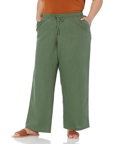 Amazon Essentials Pantalón de Mezcla de Lino con Pernera Ancha y Cordón en la Cintura - Verde