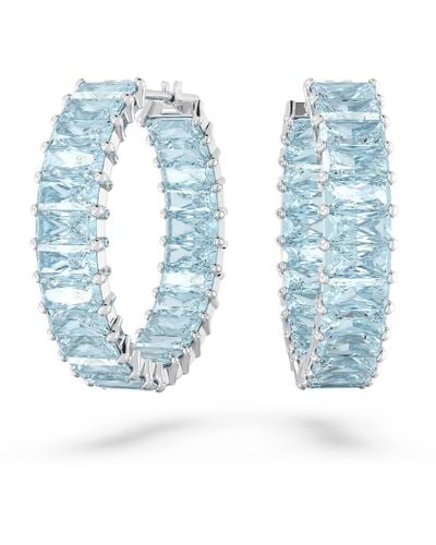 Swarovski Matrix Hoop Earrings With Princess Cut Blue Crystals On Rhodium Finished Setting