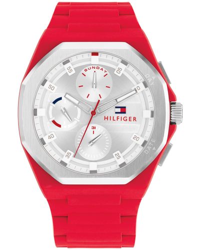 Tommy Hilfiger Multifunction Silicone Wristwatch - Water Resistant Up To 5 Atm/50 Meters - Premium Fashion Timepiece For All Occasions - 44 - Red