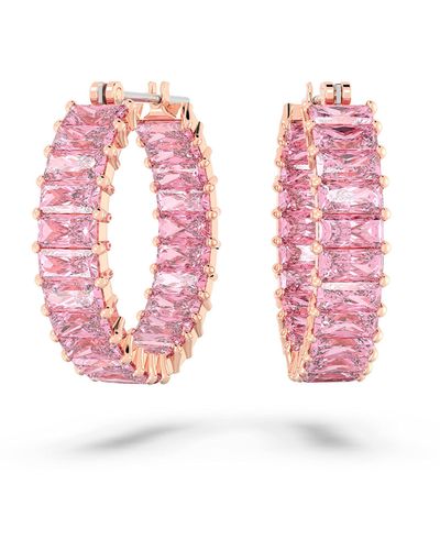 Swarovski Matrix Hoop Earrings With Pink Baguette-cut Crystals On Rose Gold-tone Finished Settings