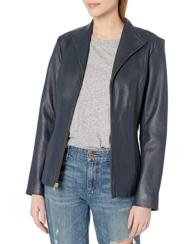 Cole Haan Leather Wing Collared Jacket - Blue
