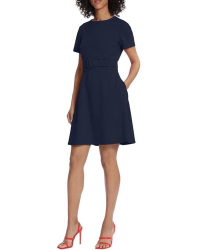 Maggy London Short Sleeve Mini Fit And Flare Dress With Wide Belt - Blue