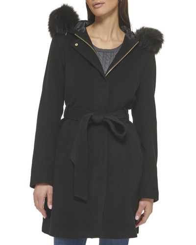 Cole Haan Hooded Coat Slick Wool With Detatchable Faux Fur Trim - Black