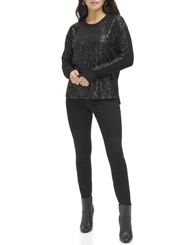 Calvin Klein Sequin Front Crew Neck Long Sleeve Sweater - Black