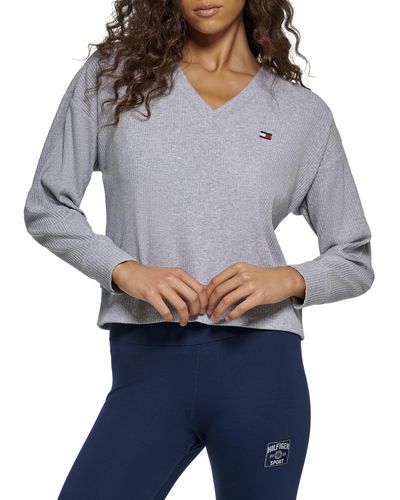 Tommy Hilfiger Brushed Rib Fabric Embroidered Flag Logo Pullover V-neck Long Sleeve - Gray
