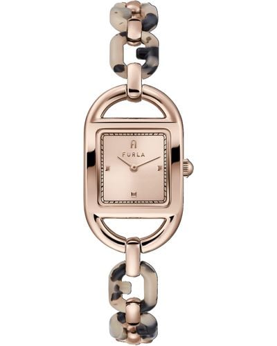 Furla Stainless Steel Rose Gold Tone & Black & Pink Acetate Bracelet Watch - Multicolor