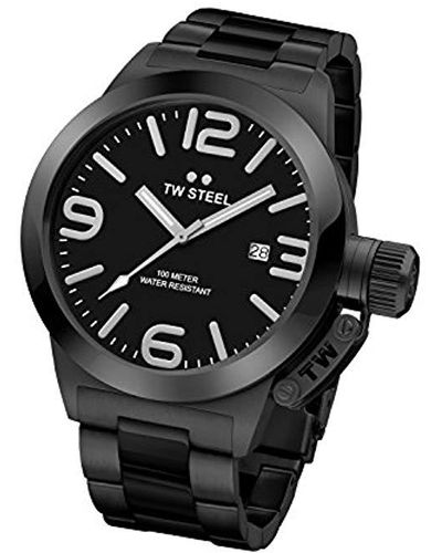 TW Steel Canteen Stainless Steel Quartz Watch With Leather Calfskin Strap - Black