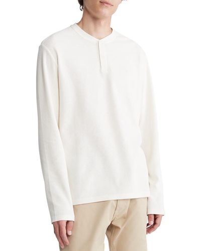 Calvin Klein Long Sleeve Smooth Cotton Waffle Henley Ivory - White