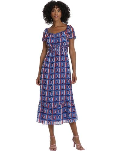Maggy London Smocked Waist Peasant Midi Dress Casual Date Night Out Guest Of - Purple