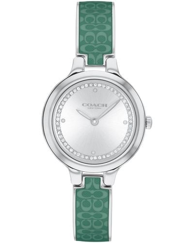 COACH 2h Quartz Bangle Watch With Enamel Signature "c" And Crystals - Water Resistant 3 Atm/30 Meters -gift For Her - Premium Fashion - Green