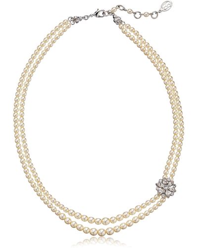 Ben-Amun Two Strand Pearl Floral Crystal Pendant Necklace - White