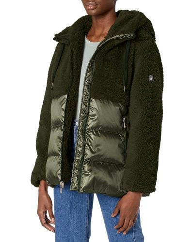 Vince Camuto Womens Mixed Hooded Puffer Cocoon Coat Parka - Green