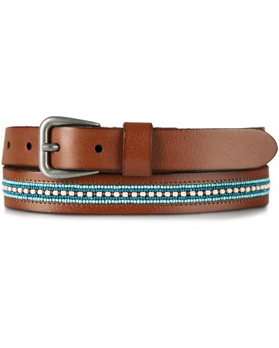 Lucky Brand Turquoise Beaded Stripe Leather Belt In Tan Size Medium - Brown