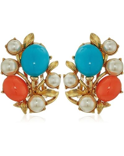 Ben-Amun Santorini Turquoise Coral Stone Glass Pearls Gold Clip On Earrings - Blue