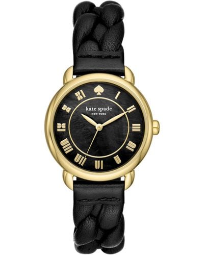 Kate Spade Lily Avenue Gold And Black Leather Band Watch - Metallic