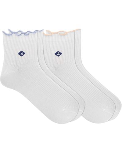 Sperry Top-Sider Scallop Edge Anklet Socks-2 Pair Pack-ribbed Contrast And Embroidered Logo - White