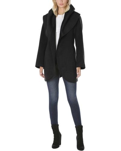 Tahari T Double Face Wool Blend Wrap Coat With Oversized Collar Jacket - Black