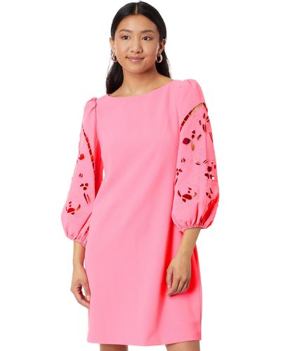 Vince Camuto Signature Crepe Shift Dress With Embroidered Cutout Sleeve Details - Pink
