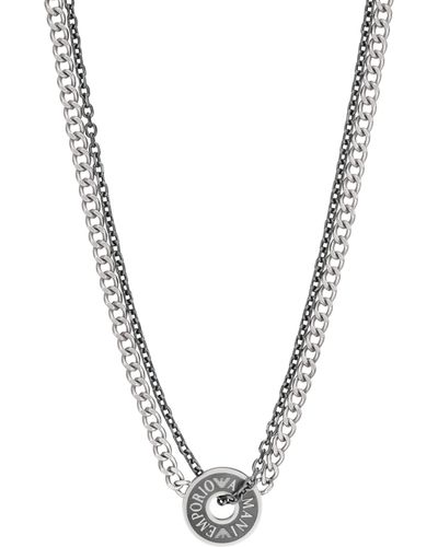 Emporio Armani Silver Stainless Steel And Ip Gun-plating Chain Necklace - Metallic
