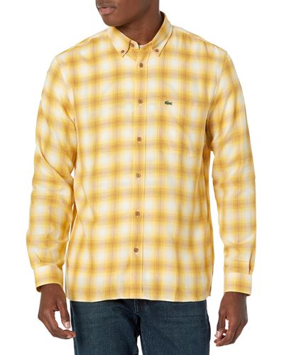 Lacoste Long Sleeve Regular Fit Twill Plaid Button Down Shirt - Yellow