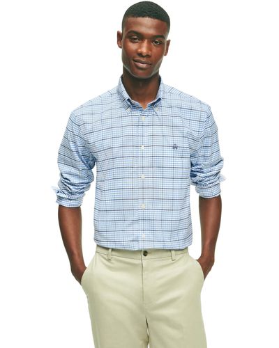 Brooks Brothers Stretch Non-iron Oxford Polo Button-down Collar, Gingham Shirt - Blue