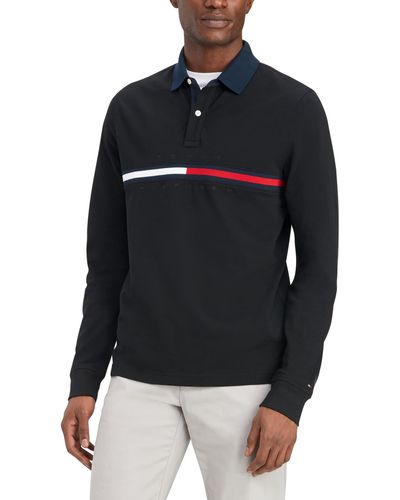 Tommy Hilfiger Mens Long Sleeve Flag In Regular Fit Polo Shirt - Black