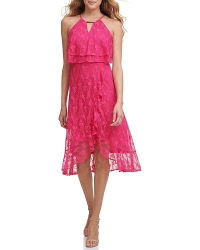 Kensie Lace Popover Dress With Gold Bar Detail - Red