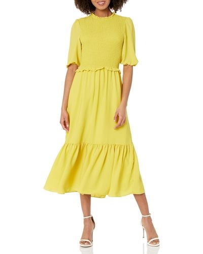 Nanette Lepore Long Sleeve Smocked Front Ruffle Neck Dress - Yellow