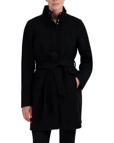 Laundry by Shelli Segal 3/4 Faux Wool Coat Snap Placket Zipper Front Tie Waist Belt 34" Jacket - Black