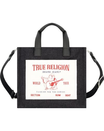 True Religion Tote, Medium Denim Travel Shoulder Bag With Adjustable Strap, Black