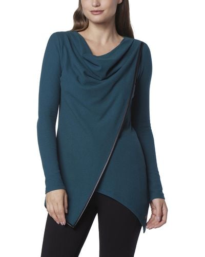 Andrew Marc Long Sleeve Asymmetrical Thermal Tunic With Faux Leather Trim - Blue
