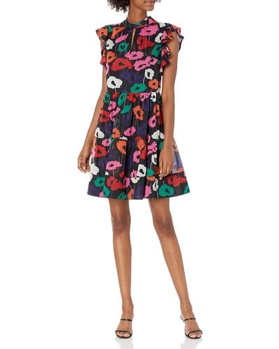 MILLY Layla Poppy Print On Crinkle Chiffon Dress - Red